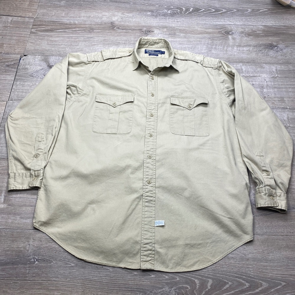 Polo Ralph Lauren Shirt Mens L Tan Key West Fishing Graphic Safari Twill Casual - Picture 3 of 12